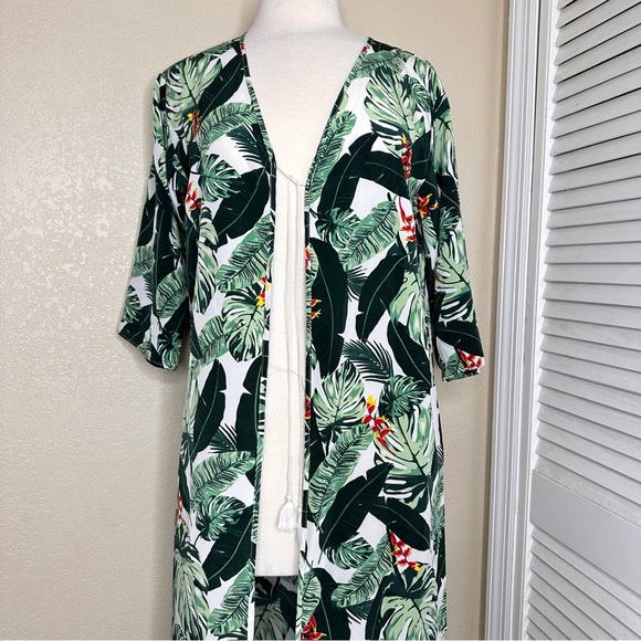 Rachel Zoe OS Green Tropical Palm Open Front Kimono Kaftkan - Picture 3 of 7